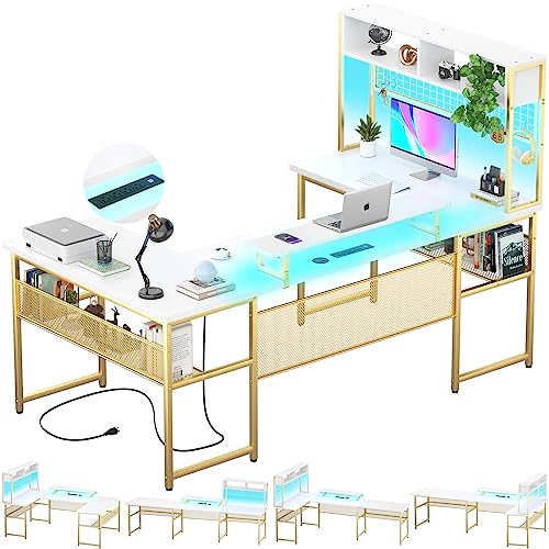 Unikito Modern L-Shaped Desk with Hutch, RGB LED Lights, Smart Control, Monitor Stand, Power Outlets, USB Ports