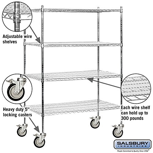 Salsbury Industries Mobile Wire Shelving Unit, 48-Inch Wide by 80-Inch High by 24-Inch Deep, Chrome