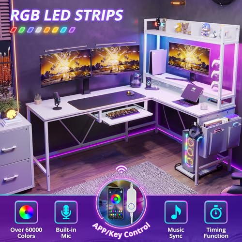 VIGKOOK L Shaped Gaming Desk with Power Outlet & LED Strip, White, 67in