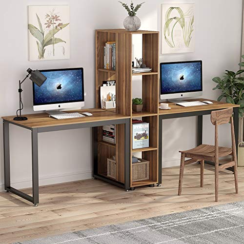 Tribesigns 91 Inches Two Person Computer Desk with Shelves, Extra Large Double Workstations Office Desk with Storage for Home Office (Dark Walnut)