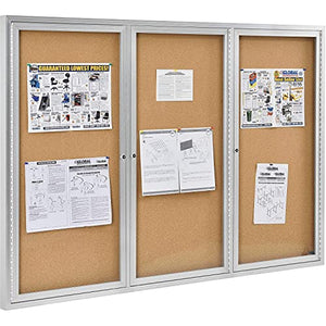 3 Door Enclosed Bulletin Board, Cork, Aluminum Frame. 72" x 48"