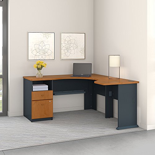 Bush Business Furniture Series A 60W L Shaped Corner Desk with 2 Drawer Pedestal and 30W Bridge in Natural Cherry and Slate