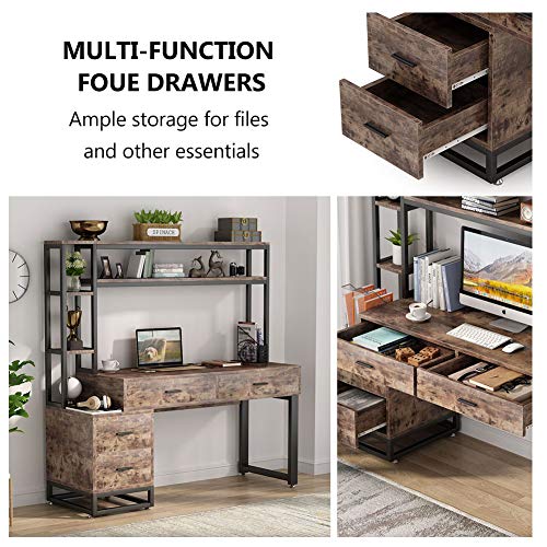 Tribesigns 55 Inch Computer Office Desk with 4 Drawers and Storage Shelf, Industrial Study Writing Table Workstation with Hutch and Bookshelf for Home Office (Brown)
