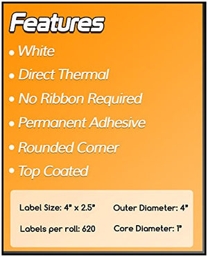 OfficeSmartLabels – 4" x 2.5" Direct Thermal Labels - Compatible with Zebra & Rollo Desktop Label Printers and More – 1” Core, Permanent Adhesive & Perforated [50 Rolls, 31000 Labels]