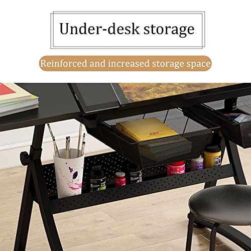 FLaig Glass Drafting Table with Stool, Height Adjustable, Tiltable Desk 0°-50°, Tempered Glass Top, Art Craft Work Station