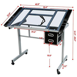 BJYX Adjustable Drafting Table Drawing Table Craft Art Desk Glass Desktop w/2 Drawers