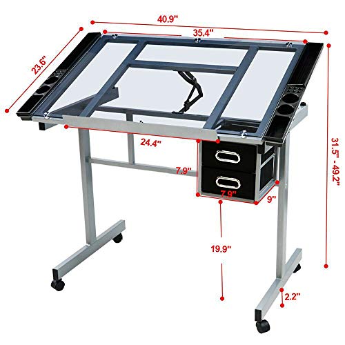 DXXWANG Adjustable Drafting Table Drawing Table Craft Art Desk Glass Desktop w/2 Drawers
