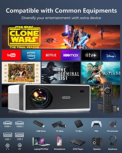 FUDONI Outdoor Portable 4K WiFi Bluetooth Projector 15000L HD 1080P Max 300" Display Zoom