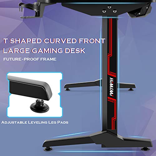 55 Inch Ergonomic Gaming Desk, T-Shaped PC Game Computer Desk Workstation, Home Office Gamer Desk, Professional Gaming Desk with Full Desk Mouse Pad, Cup Holder & Headphone Hook