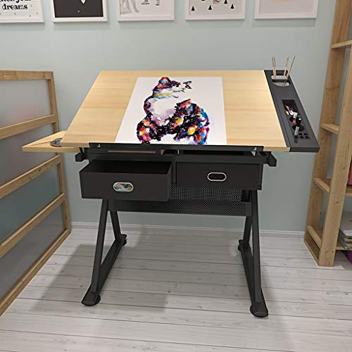 Lgan Height Adjustable Drawing Desk, Tiltable Craft Table with Storage, Maple Panel Art Desk, for Home Office Drafting Table