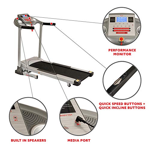Sunny Health & Fitness Electric Folding Treadmill with Auto Incline, LCD and Pulse Monitor, Speakers, Shock Absorb, 285 LB Max Weight and Body Fat Calculator - SF-T7873,Gray