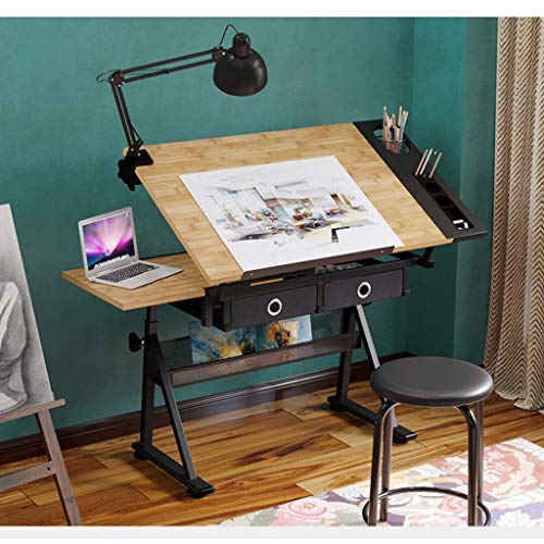 Lgan Height Adjustable Drawing Desk, Tiltable Craft Table with Storage, Maple Panel Art Desk, for Home Office Drafting Table