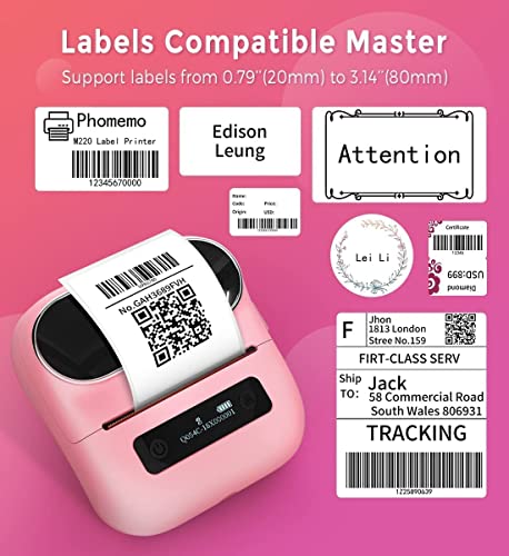 Phomemo M220 Pink Label Printer with Label Tape, Bluetooth Barcode Printer New Version with 1 Roll 40 x 30mm Tape and 3 Rolls 60 x 40mm Label Tapes for Barcode,Small Business and More