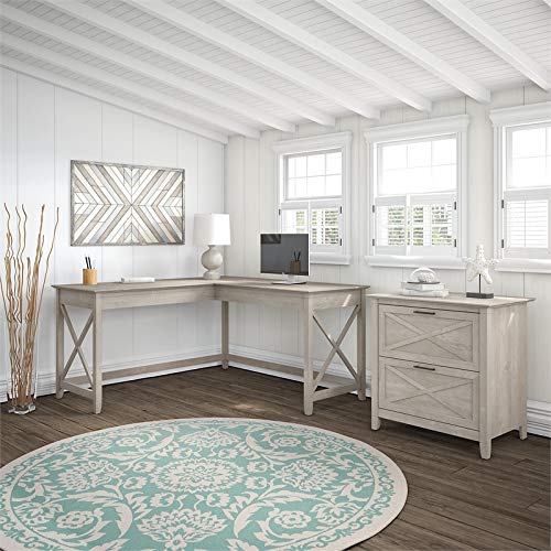 Bush Furniture KWS014WG Key West 60W L Shaped Desk with Lateral File Cabinet in Washed Gray