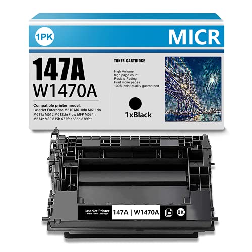 1 Pack Black Compatible 147A | W1470A MICR Toner Cartridge Replacement for M610 M610dn M612 M612dn M611x Flow MFP M634h M634z MFP 635h 636fht 635fht 636h Printer Ink Cartridge (High Yield)