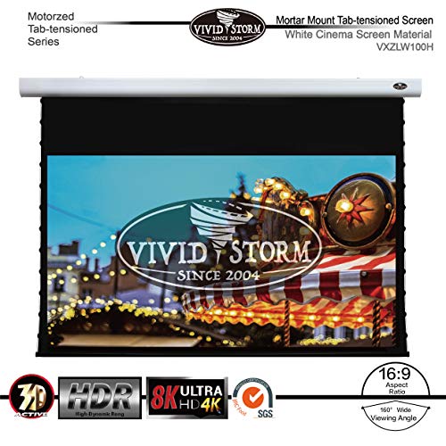 VIVIDSTORM Office Presentation Mortar Mount Tension Screen,Electric Drop Down Projector Screen,100-inch Diag 16:9, White Cinema Screen Material,Gain 1.1, Wireless 12V Projector Trigger,Model:VXZLW100H