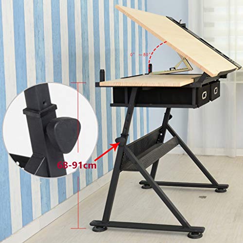 Lgan Height Adjustable Drawing Desk, Tiltable Craft Table with Storage, Maple Panel Art Desk, for Home Office Drafting Table