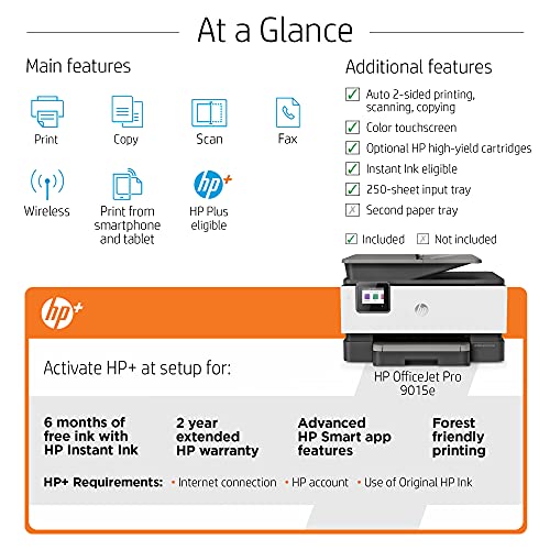 HP OfficeJet Pro 9015e All-in-One Wireless Color Printer for home office, with bonus 6 months free Instant Ink with HP+ (1G5L3A)