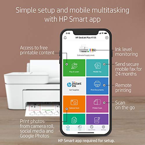 HP DeskJet Plus 4155 Wireless All-in-One Printer, Mobile Print, Scan & Copy, HP Instant Ink Ready, Auto Document Feeder, Works with Alexa (3XV13A)