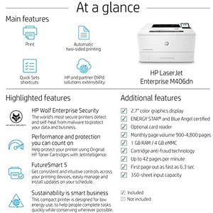 HP Laserjet Enterprise M406 dn Single-Function Wired Monochrome Laser Printer, White - Print Only - 2.7" LCD, 42 ppm, 1200 x 1200 dpi, Automatic Duplex Printing, USB 2.0 and Ethernet Connectivity