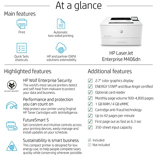 HP Laserjet Enterprise M406 dn Single-Function Wired Black and White Monochrome Laser Printer - Print Only - 2.7" LCD, 42 ppm, 1200 x 1200 dpi, Auto Duplex Printing, USB and Ethernet Connectivity