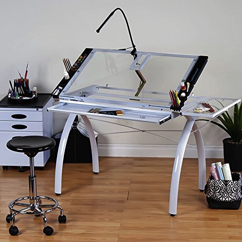 Offex Home Futura Craft Station with Folding Shelf White/Clear Glass