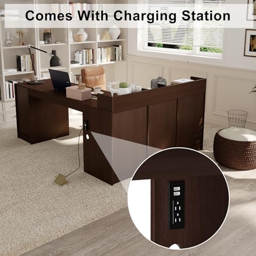 Melidee L Shape Desk - Executive Desk with Drawers, Cabinet Storage, Charging Station & USB Ports