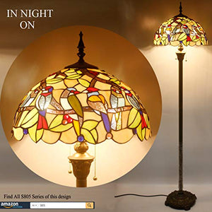 WERFACTORY Tiffany Floor Lamp Double Birds Amber Stained Glass 16X16X64 Inches Antique Pole Corner Lamp - S805 Series