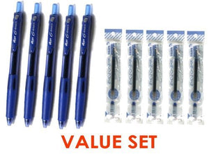 Pilot G Knock Click Retractable Premium Gel Ink Roller Ball Pens Ultra Micro Point -0.38mm- Blue Ink-5 Pens & 5 Refills Value Set