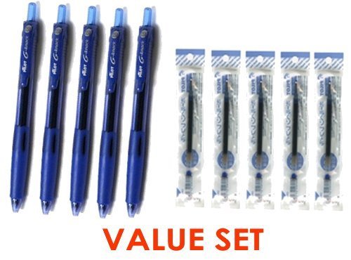 Pilot G Knock Click Retractable Premium Gel Ink Roller Ball Pens Ultra Micro Point -0.38mm- Blue Ink-5 Pens & 5 Refills Value Set