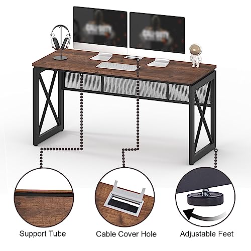 BON AUGURE 60 Inch Computer Desk for Home Office, Industrial Metal Wood Farmhouse Writing Desk