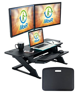 iMovR ZipLift+ 42" Standing Desk Converter with Ergonomic Tilting Keyboard Tray in Black with EverMat Portable Standing Mat