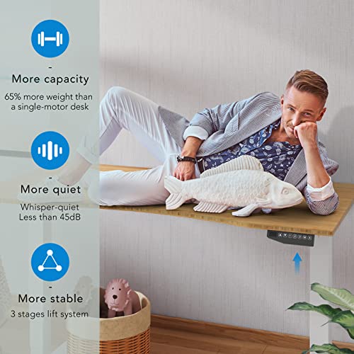 FLEXISPOT Pro Bamboo Electric Standing Desk 55x28 inch - Height Adjustable Sit Stand Up Desk - White Frame + Bamboo Desktop