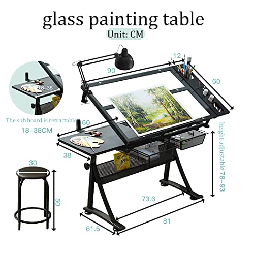 VejiA Drafting Table for Artists, Height Adjustable with Stool, Tempered Glass Top, 2 Drawers, 50° Tiltable