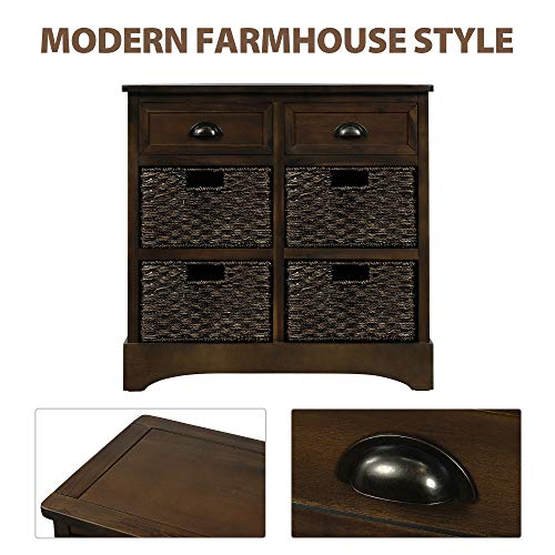 TREXM Rustic Storage Cabinet with Two Drawers and Four Classic Fabric Basket for Kitchen/Dining Room/Entryway/Living Room, Accent Furniture (Dark Brown)
