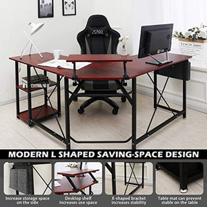 AZGO L Shaped Desk Home Office Desk with Round Corner Computer Desk with Large Monitor Stand Space-Saving Easy to Assemble PC Table Desk Office Writing Workstation for Home Office Bedrooom Wine Red