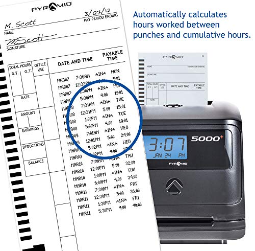 Pyramid 5000 Auto Totaling Time Clock, 100 Employees - Made in USA