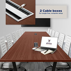 Ahliss Modern Conference Table with Cable Management Grommets - Wood Tabletop, Metal Frame & Legs - Mahogany, 12 Foot