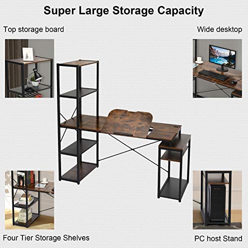 Computer Desk with 5-Tier Shelves, 3 in 1 Bookshelf, Computer Desk, and Main Frame, 47.2" Drafting Drawing Table with 60° Tiltable Tabletop, PC Laptop Table Study Workstation for Home Office (Brown)