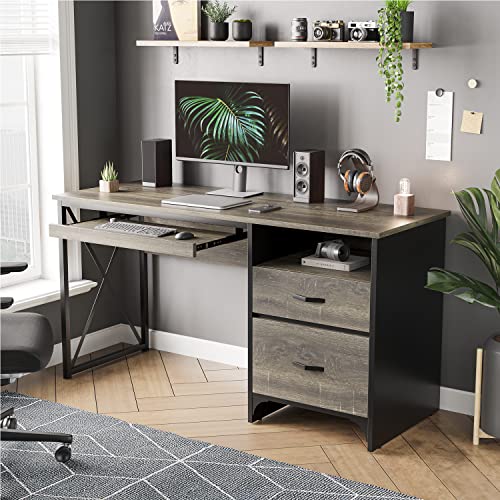 Bestier Office Desk with Drawers, 55 inch Industrial Computer Desk, Dark Gray Oak