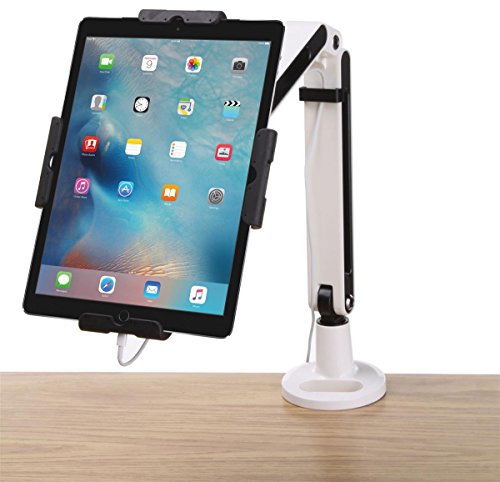Displays2go, Tablet Desk Holder, Aluminum Construction, Locking Design – White, Black Finish (IPROFLXTDA)