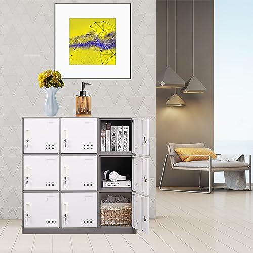 iCHENGGD Metal Locker 9 Door Storage Cabinet with Lock and Ventilation, Grey