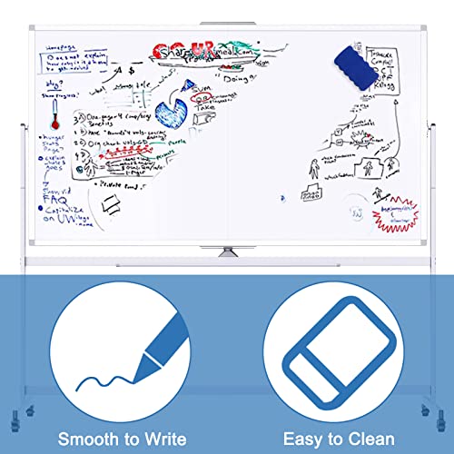 Rolling Whiteboard Double Sided, 72 x 40 inches Large Mobile Dry Erase Board, Reversible Standing Magnetic Whiteboard on Wheels with Markers for Home Office