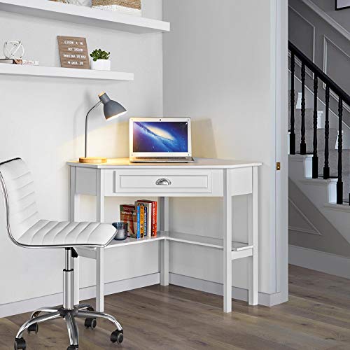 Yaheetech Corner Writing Study Desk Computer Workstation w/Drawer & Shelf + PU Leather Low Back Armless Desk Chair with/Wheels for Home Office Living Room, Office Accent Furniture Set of 2, White