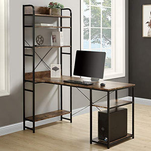 Modern Luxe L-Shaped Corner with Bookshelf 2-Pieces Computer PC Table Set Home Office Desk with Shelves, Brown