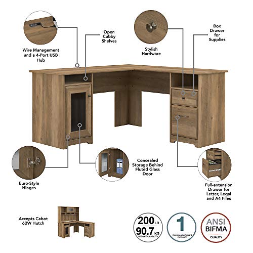 Bush Furniture Cabot L Shape Desk with Hutch and Lateral File, Reclaimed Pine