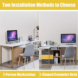 Tangkula 87 inch 2-Person Desk Double Computer Desk, Multifunction L-Shaped Desk w/ 3 Storage Drawers & 2-Tier Shelves, Writing Desk Computer Workstation with Spacious Desktop, Home Office Desk