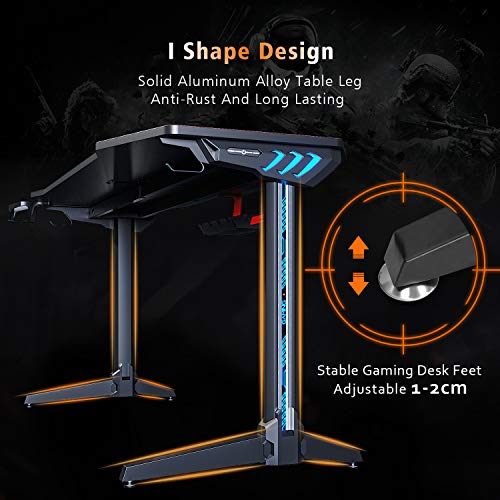 ELEGANT Gaming Desk with Led Lights Gaming Desk 55 inch Computer T-Shaped E-Sports Game Table Metal PC Desk with Mouse Pad Workstation for Home Office(Black)