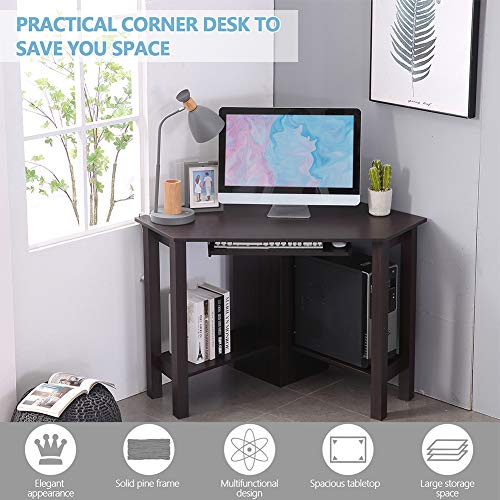Corner Desk Writing and Study Corner Computer Desk with Keyboard Tray Storage Shelves,Wooden Compact Home Office Desk,47 inch,Brown