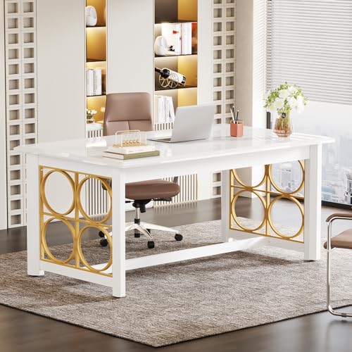 Tribesigns 63" Conference Table with Gold Legs, Glossy Surface - White & Gold